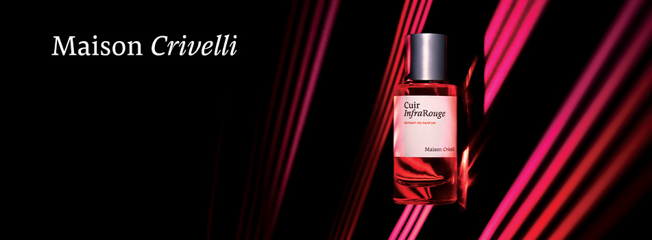 Werbebild des Parfums Maison Crivelli Cuir InfraRouge. Die rote Flasche mit silbernem Verschluss steht vor schwarzem Hintergrund mit diagonalen roten Lichtstreifen. Links der Schriftzug Maison Crivelli.
