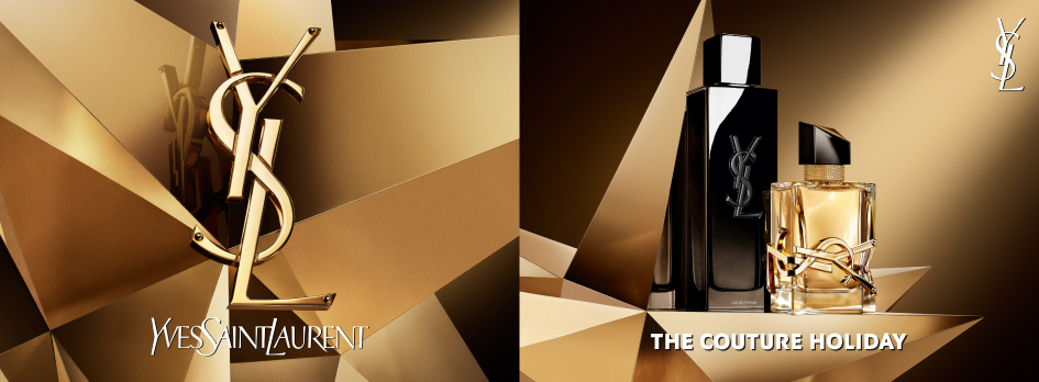 Yves Saint Laurent Holiday-Banner mit goldenem YSL-Logo vor facettiertem Goldhintergrund sowie zwei YSL-Düften in schwarz-goldenen Flakons und dem Schriftzug „The Couture Holiday“