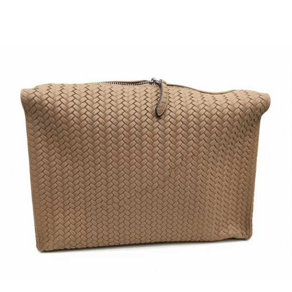 Hammann Lederwaren Flecht Kulturtasche Woven Washbag L Nimbus Beige – Luxus-Kulturtasche aus Chervo-Kalbleder
