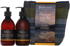 Highland Soap Handcare Gift Set Whisky & Honey = Handwash + Hand & Body Lotion + Tweed Washbag