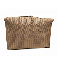 Hammann Lederwaren Flecht Kulturtasche Woven Washbag L Nimbus Beige – Luxus-Kulturtasche aus Chervo-Kalbleder