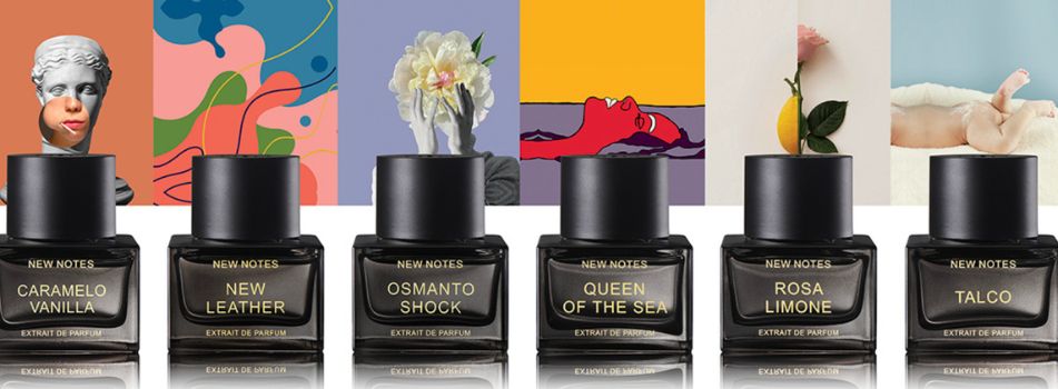 New Notes Extrait de Parfum Banner – sechs dunkle Parfümflakons in einer Reihe: Caramelo Vanilla, New Leather, Osmanto Shock, Queen of the Sea, Rosa Limone und Talco. Im Hintergrund je ein kunstvolles Motiv pro Duft – Skulptur, abstrakte Malerei, Pfingstrose, Pop-Art-Figur, Zitrone und Hautdetail.