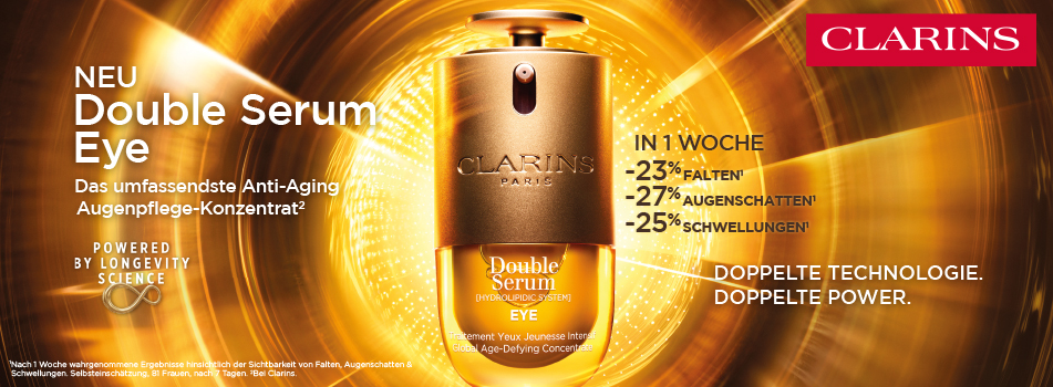 Clarins Double Serum Eye Augenpflege-Konzentrat, goldene Flasche vor leuchtendem Hintergrund, Werbebanner mit Ergebnissen -23% Falten, -27% Augenschatten, -25% Schwellungen nach 1 Woche