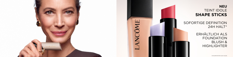 Lancôme Make-up – Teint Idole Shape Sticks Banner mit Foundation, Blush-Stick und Model, Kategoriebanner Make-up-Shop