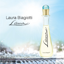 Werbebild für das Parfüm ‚Laura‘ von Laura Biagiotti. Eine elegante, schlanke Flasche mit hellgelbem Inhalt und türkisfarbenem Kugelverschluss steht vor einem frischen, blauen Hintergrund mit Wasserreflexen. Links daneben der Schriftzug: ‚Laura Biagiotti – Laura‘ in geschwungener Schrift.
