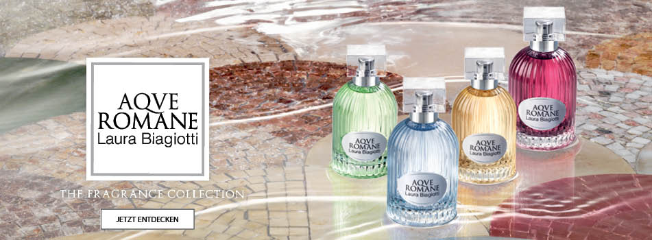 Banner mit vier bunten Aqve Romane Düften von Laura Biagiotti auf glänzendem Mosaikboden, begleitet vom Markenlogo und dem Schriftzug „The Fragrance Collection“.