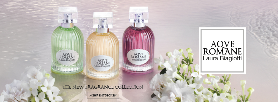 Werbeanzeige für die Duftkollektion Aqve Romane von Laura Biagiotti. Drei elegante Parfumflakons in Grün, Gold und Rosa stehen auf einer spiegelnden Oberfläche mit Wasserreflexionen. Umgeben von weißen Blüten. Rechts befindet sich das Logo 'AQVE ROMANE Laura Biagiotti'. Unten steht der Text 'The New Fragrance Collection' mit einem Button 'Mehr Entdecken'.
