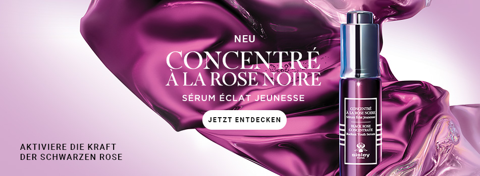 Werbebanner für Concentré à la Rose Noire Sérum Éclat Jeunesse von Sisley Paris: dunkles Serumflakon vor fließender, rosafarbener Flüssigkeit mit Hinweis auf aktivierende Pflege mit schwarzer Rose.