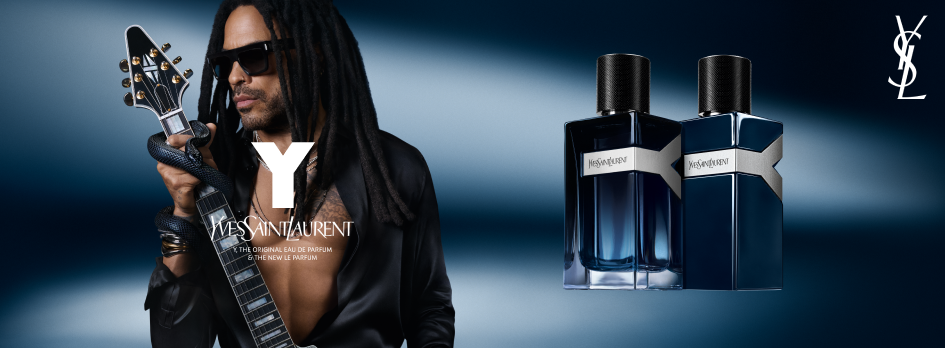 Ein Musiker mit langen Dreadlocks und Sonnenbrille hält eine Gitarre. Daneben zwei Yves Saint Laurent Parfumflaschen in dunklem Blau vor einem stilisierten Y-Hintergrund.